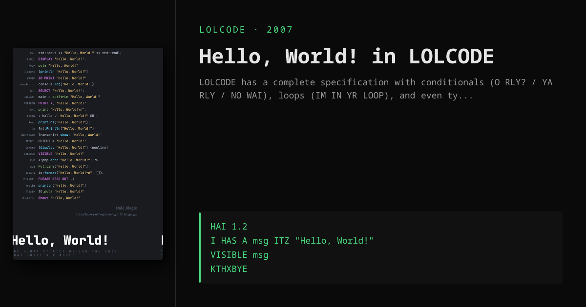 Hello, World! in LOLCODE (2007)